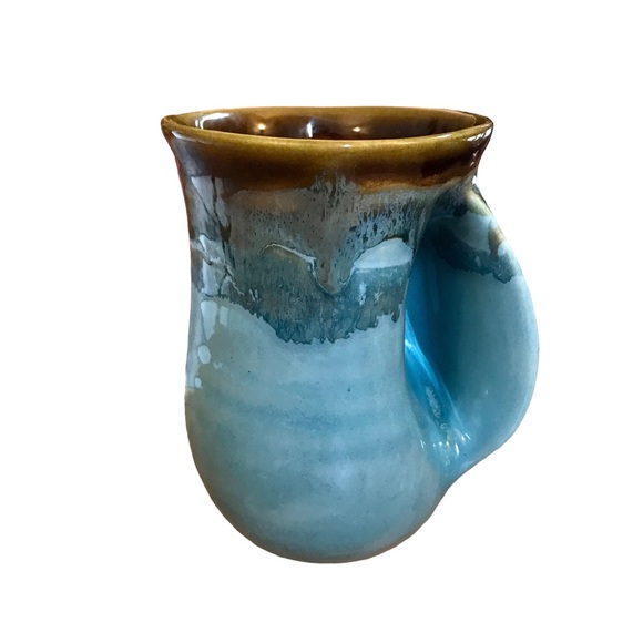 Neher Pottery OCEAN TIDE Right Hand Warmer Coffee Mug Brown Blue Drip Glaze 2013 - Picture 2 of 11